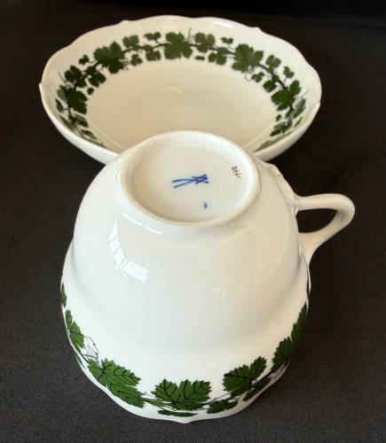 Antíka Orjinal Alman Meissen Porselen Çay Fincanı Yeşil Asma Yapraklı - 3