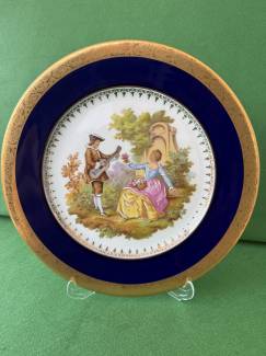 Antika Fransız Limoges 26 cm Dekoratif Tabak Kabartma Fragonard Desen